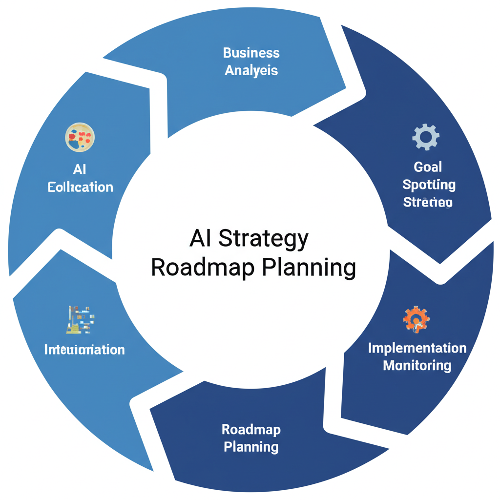 AI Strategy Development showing roadmap, business alignment, and implementation planning